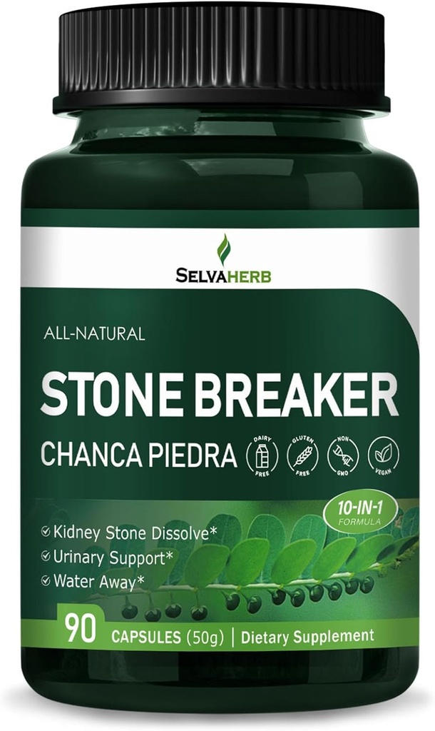 Stone Breaker (Chanca Piedra) Kidney Stone Dissolve, Urinary Support & Water Away Herbal Supplements w/Horsetail Uva Ursi Goldenrod Dandelion Cat's Claw Extract. 90 Count