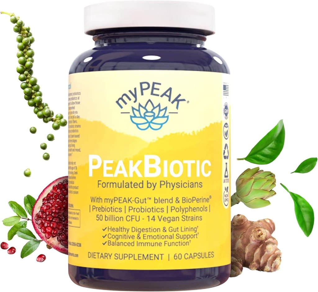 MyPEAK PeakBiotic: The Ultimate Vegan Synbiyotik with 50 Milyar CFU Probiyotiks Prebiyotiks Postbiyotiks Modbiyotiks and Gut Lining to improve Digestion, Skin, and Mood with 2Month Supply, 60 Capsules