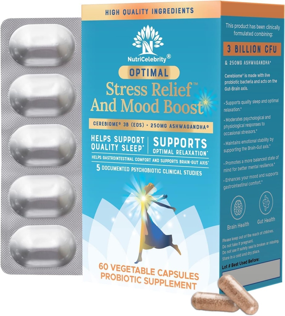 Nutricelebrity Optimal Stres Relief Supplement, Mood Support, Sleep Aid, Ashwagandha Organik, KSM-66, Beyin Focus, Kadınlar için Probiyotikler, Gut Health, Vegan Non GMO 60 Days Supply - 2 Pack