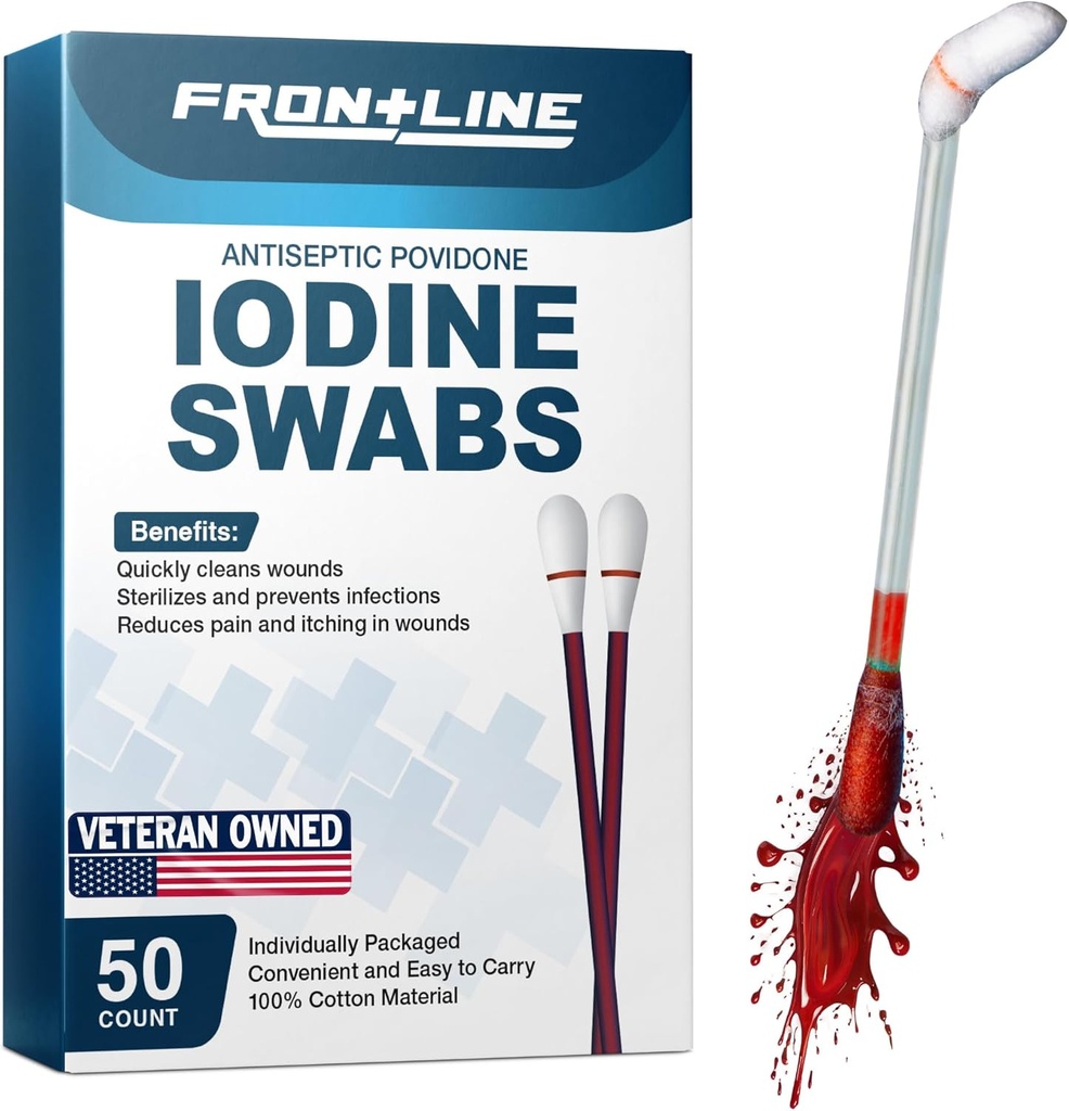 FrontLine Povidone Iodine Swabs, Αντισηπτικά Swabsticks, Iodine Solution, Cleansing Cotton Swab, Ατομικά Στριφτά Ιατρικά Είδη, Φροντίδα Τραυμάτων, Πρώτες Βοήθειες, Καθαριστής Τραυμάτων, Κουτί των 50