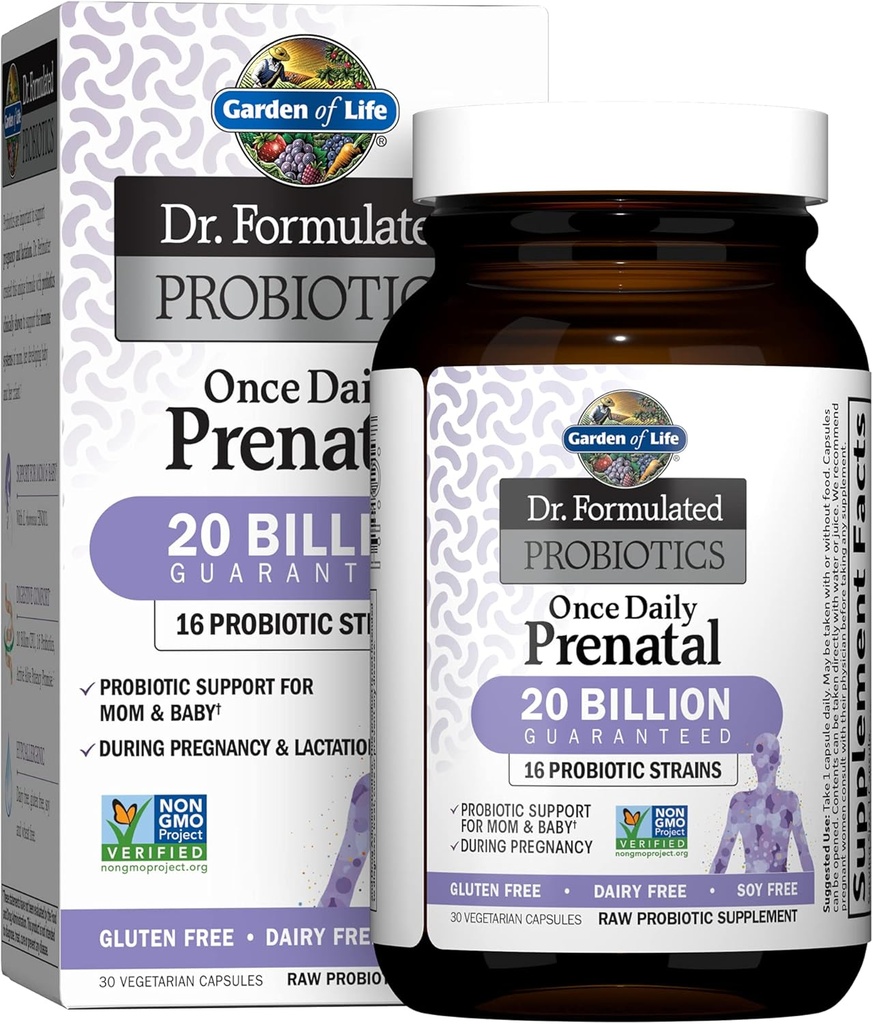 Garden of Life Dr. Formulated Probiotics Once Daily Prenatal - Acidophilus & Bifidobacteria Probiotic Support for Mom & Baby - Gluten, Dairy & Soy Free - 30 Count Vegetarian Capsules