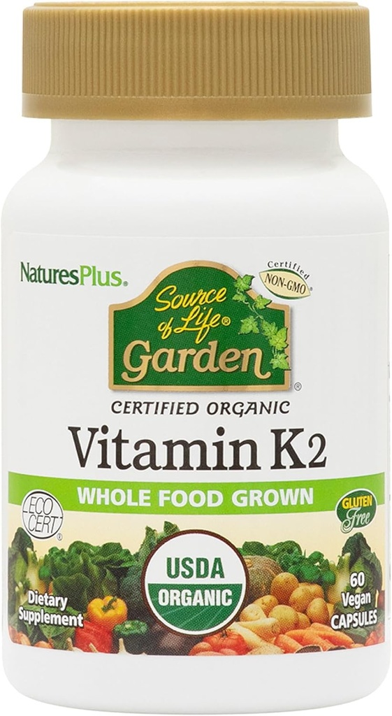 NaturesPlus Πηγή Ζωής Κήπος Βιταμίνη K2-60 Κάψουλες Vegan, Συσκευασία των 2 - Υποστήριξη των οστών - Πιστοποιημένα βιολογικά, μη ΓΤΟ, Χωρίς γλουτένη - 120 Σύνολο Σερβίρει