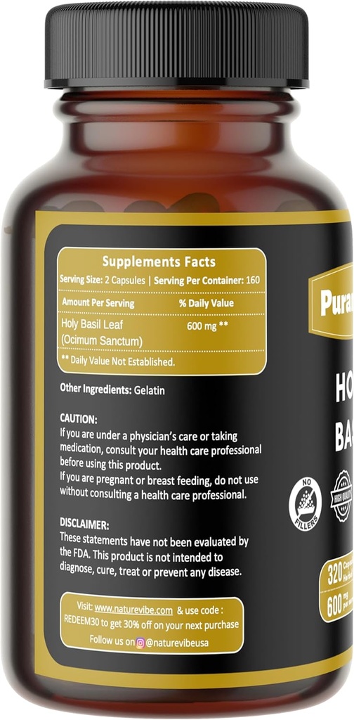 Kutsal Basil Premium 320 Capsules Non GMO and Gluten Free | Herbal Supplement | 600 mg Per Servis | %100 Pure Herb Holy Basil Leaf