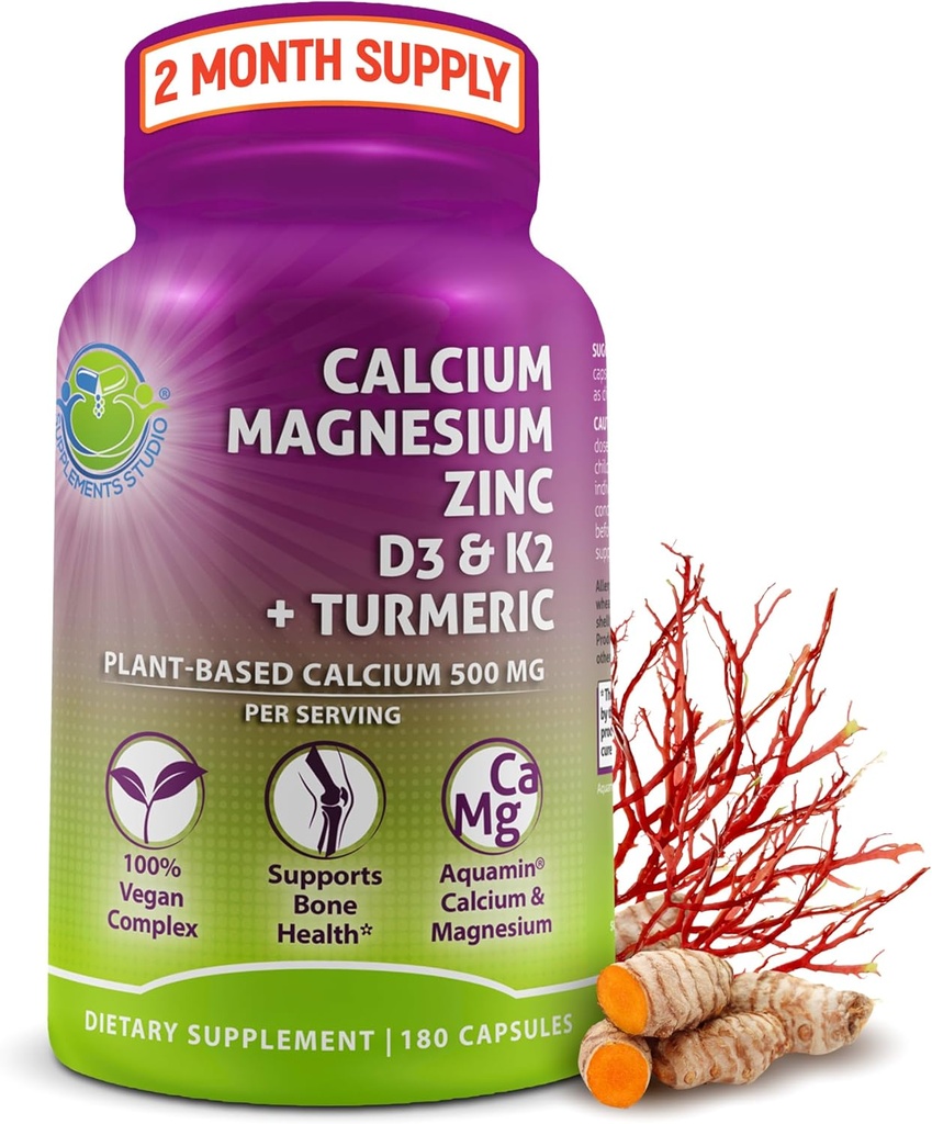 Φυτοβασισμένο ασβέστιο 500mg (Aquamin) – Vegan Ασβέστιο Μαγνήσιο Ψευδάργυρος D3 με βιταμίνη K2 & Βιολογικό Κουρκουμάς – Ενισχυμένη οστική και μυϊκή υγεία & δύναμη, Ανοσοποιητική υποστήριξη για γυναίκες & άνδρες - 180 κόμης