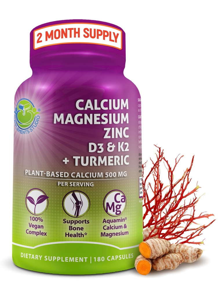 Φυτοβασισμένο ασβέστιο 500mg (Aquamin) – Vegan Ασβέστιο Μαγνήσιο Ψευδάργυρος D3 με βιταμίνη K2 & Βιολογικό Κουρκουμάς – Ενισχυμένη οστική και μυϊκή υγεία & δύναμη, Ανοσοποιητική υποστήριξη για γυναίκες & άνδρες - 180 κόμης