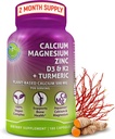 Plant-Based Calcium 500mg (Aquamin) – Vegan Calcium Magnesium Zinc D3 with Vitamin K2 & Organic Turmeric – Enhanced Bone and Muscle Health & Strength, Immune Support for Women & Men - 180 Count