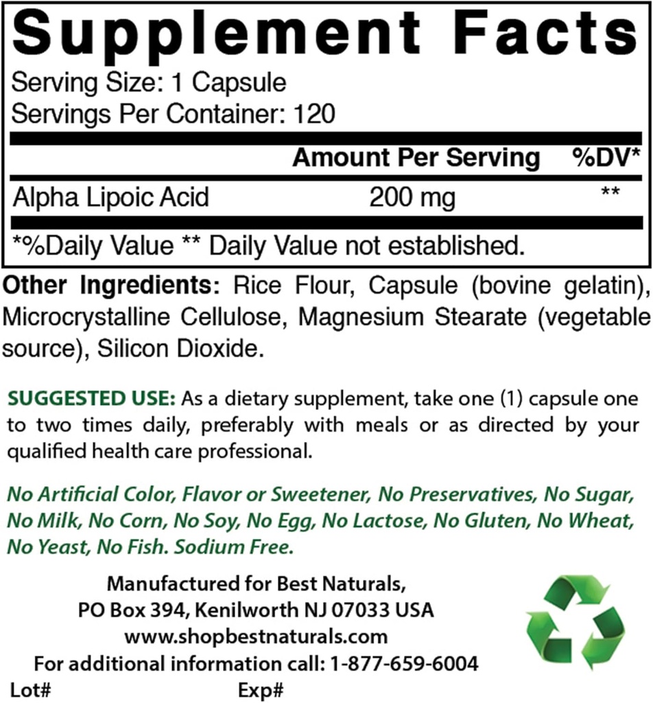 Best Naturals Alpha Lipoic Acid 200 Mg & Acetyl L-Carnitine 500 Mg