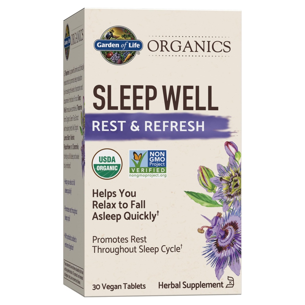 Garden of Life Organics Sleep Well Rest & Refresh 30 Tablets, Lemon Balm, Green Tea Extract L-Theanine, Valerian Root, Χαμομήλι, Probiotics-Organic Non-GMO Vegan Gluten Free φυτικό συμπλήρωμα