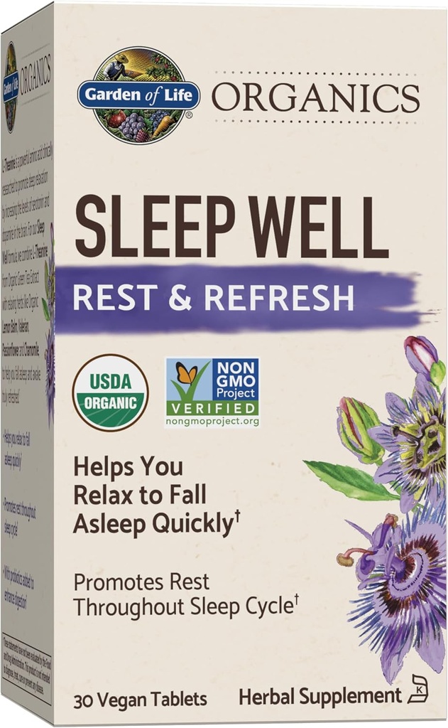 Life Organics Sleep Well Rest & Reno 30 Tabletler, Lemon Balm, Green Tea Extract L-Theanine, Valerian Root, Chamomile, Probiyotiks-Organic Non-GMO Vegan Gluten Free Herbal Supplement