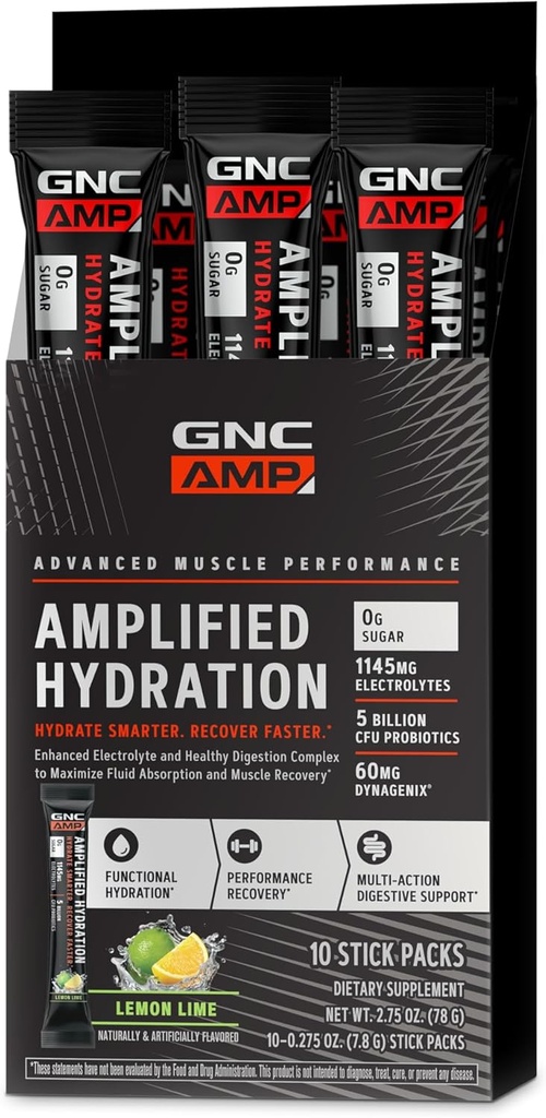 GNC AMP Güvenilirleştirilmiş Hydration Electrolyte Toz İçecek Mix | Gelişmiş Elektrolyte & Sağlıklı Digestion Kompleks | Limon Lime | 10 Kont
