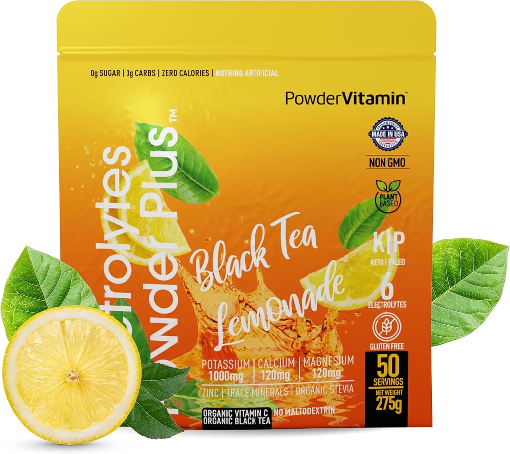 Elektrolytes Toz Plus (50 Hizmetler) Black Tea Lemonade Electrolyte Toz Zero Calorie Keto,0 Şeker, No Maltodextrin,1000 mg Pyum,120 mg Kalsiyum,120mg, Magnezyum, Hydration Toz