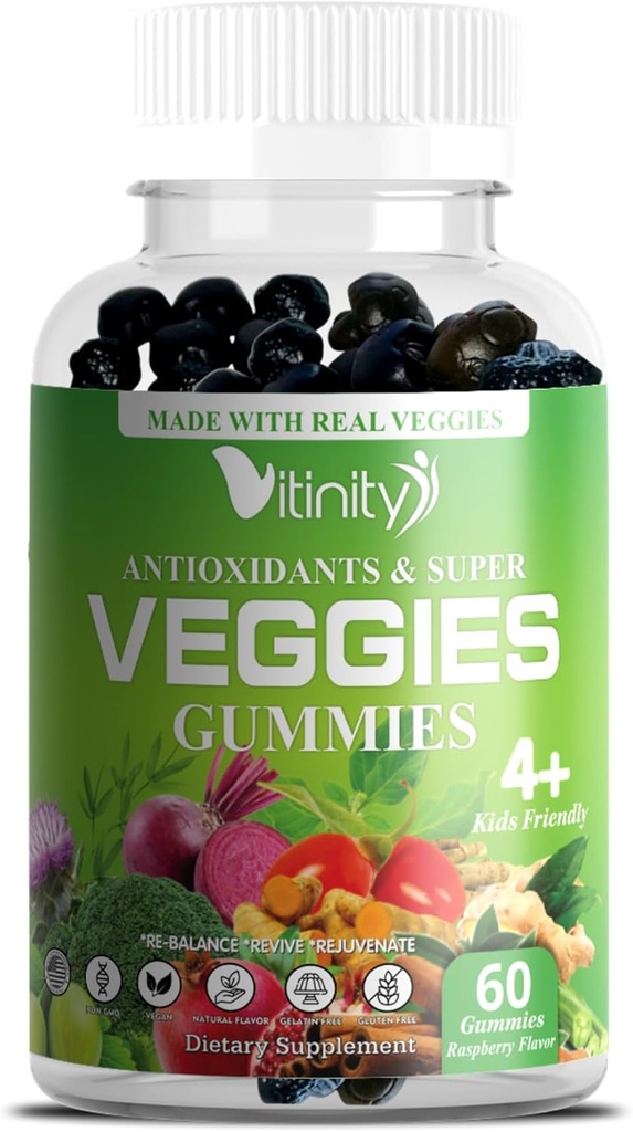 VITINITY Made with Real Super Veggies Delicious Gummy Supplement,Men, Women & Kids (60 Chews),30 Veggies,Herbs,Fruit and Sebze Vitaminleri,Non-GMO,Pectin-Based,Gluten-Free,No More Pills (30 Day Supply)