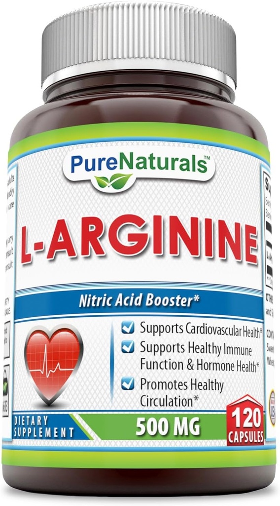 Pure Naturals L-Arginine 500 Mg Capsules, Supports Cardiovascular Sağlık, Sağlıklı Immune Function & Hormon Sağlığını Destekler, Sağlıklı Circulation (120)