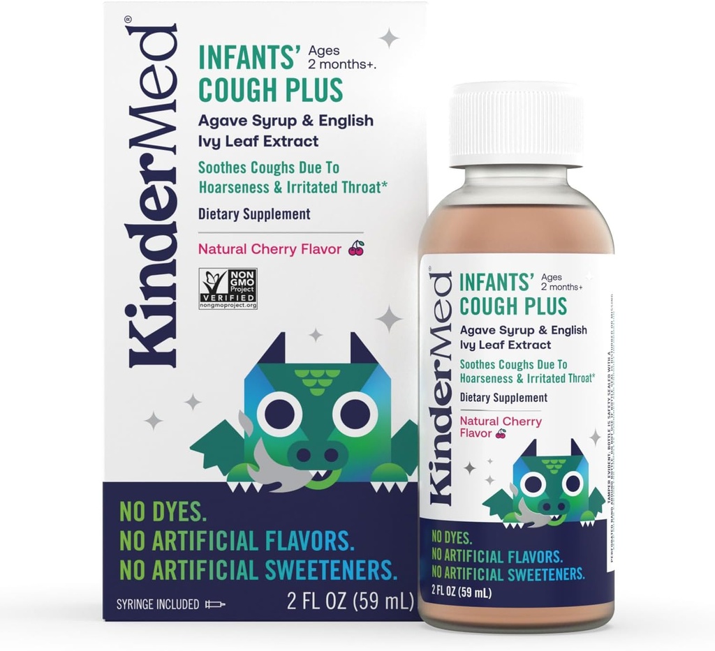 KinderMed Infants' Daytime Cough Plus, Organik Agave Syrup ve İngilizce Ivy Leaf Extract, No Dyes, No Yapay Flavors or Sweeteners, Non-GMO, Bebekler 2 Ay+, Natural Cherry Flavor (2 Fl Oz)