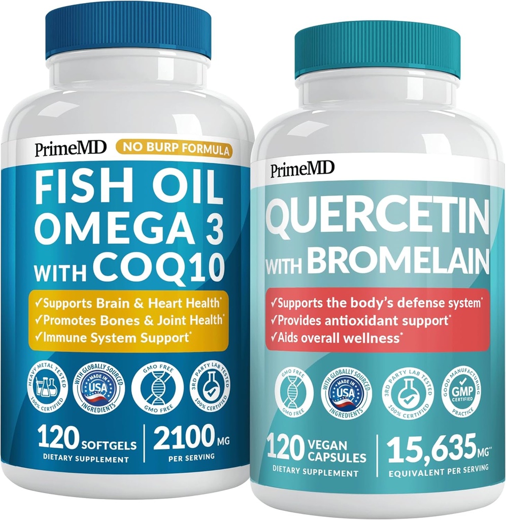 4-σε-1 Fish Oil Omega 3 Συμπληρώματα (2100mg) - Ωμέγα 3 Fish Oil με Βιταμίνες D3 & K2 και CoQ10 & 28-σε-1 Quercetin με Bromelain συμπλήρωμα για την καθημερινή ανοσοαμυική υποστήριξη (120ct)