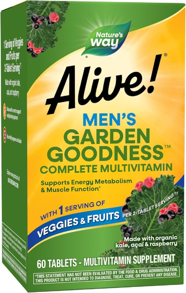 Doğanın Yolu Alive! Bahçe Goodness Men's Multivitamin, One Service of Veggies and Fruits**, High Potency B-Vitamins, 60 Tablets