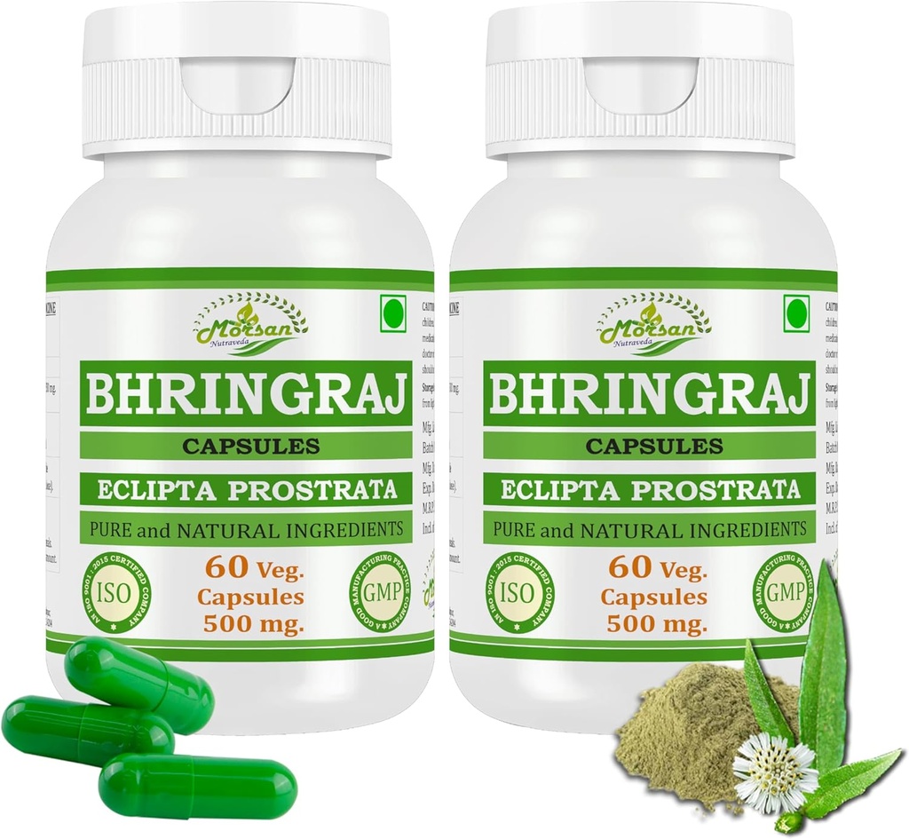 Bhringraj (Eclipta Prostrata) Erkekler ve Kadınlar için Kapsüller | Premium Ayurvedic Herbal Supplement | 500 mg. per Service | 60 Veggie Capsules | Made with Natural Bhringraj Plant | Pack of 2 x 60 Capsules