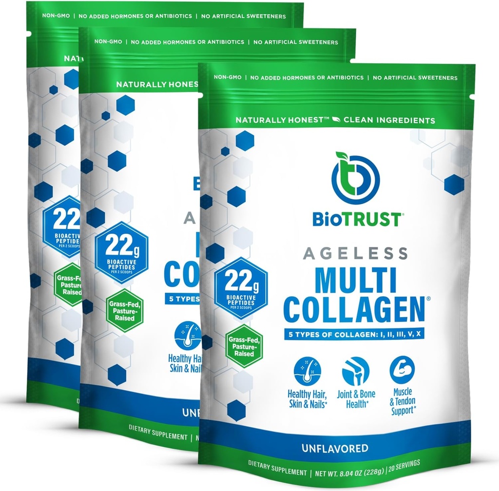 BioTrust Ageless Multi Collagen Peptides σε σκόνη – 5 Types (I, II, III, V, X) – Unflaved Collagen σε σκόνη για γυναίκες και άνδρες – Hydrolyzed Protein – Grass Fed Beef, Fish, Chicken, Eggshell Membrane, 3-pk