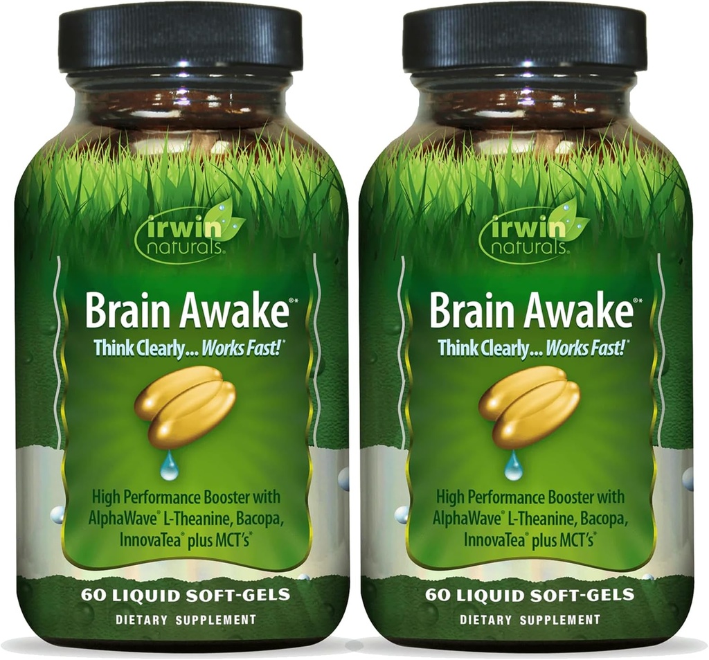 Irwin Naturals Brain Awake - 60 Sıvı Softgels, 2 Paket - Gelişmiş Ruh Performansı, Artan Focus, Clarity & Concentration - Nootropic Branson with L-Theanine, Bacopa, MCTs