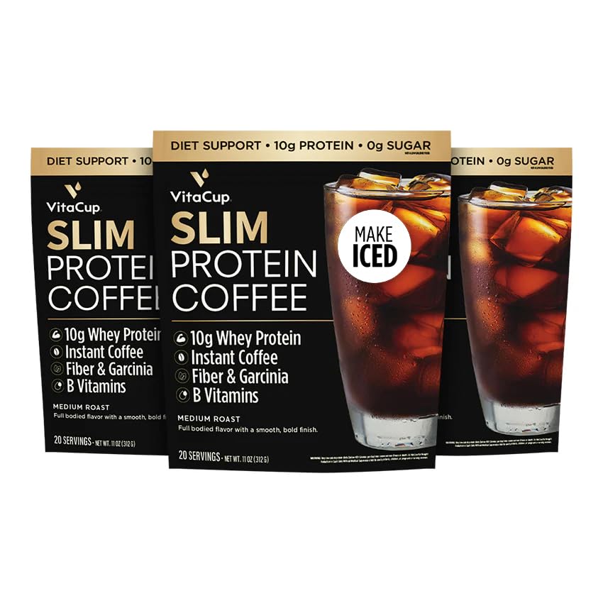 VitaCup Slim protein Coffee Shake for Diyet Support, Instant Coffee w/Whey protein Toz, B Vitamins & Fiber, Diyetitian Performans ve Tadı için Geliştirildi, Buzlu veya Shake olarak yapın, 3 Çanta