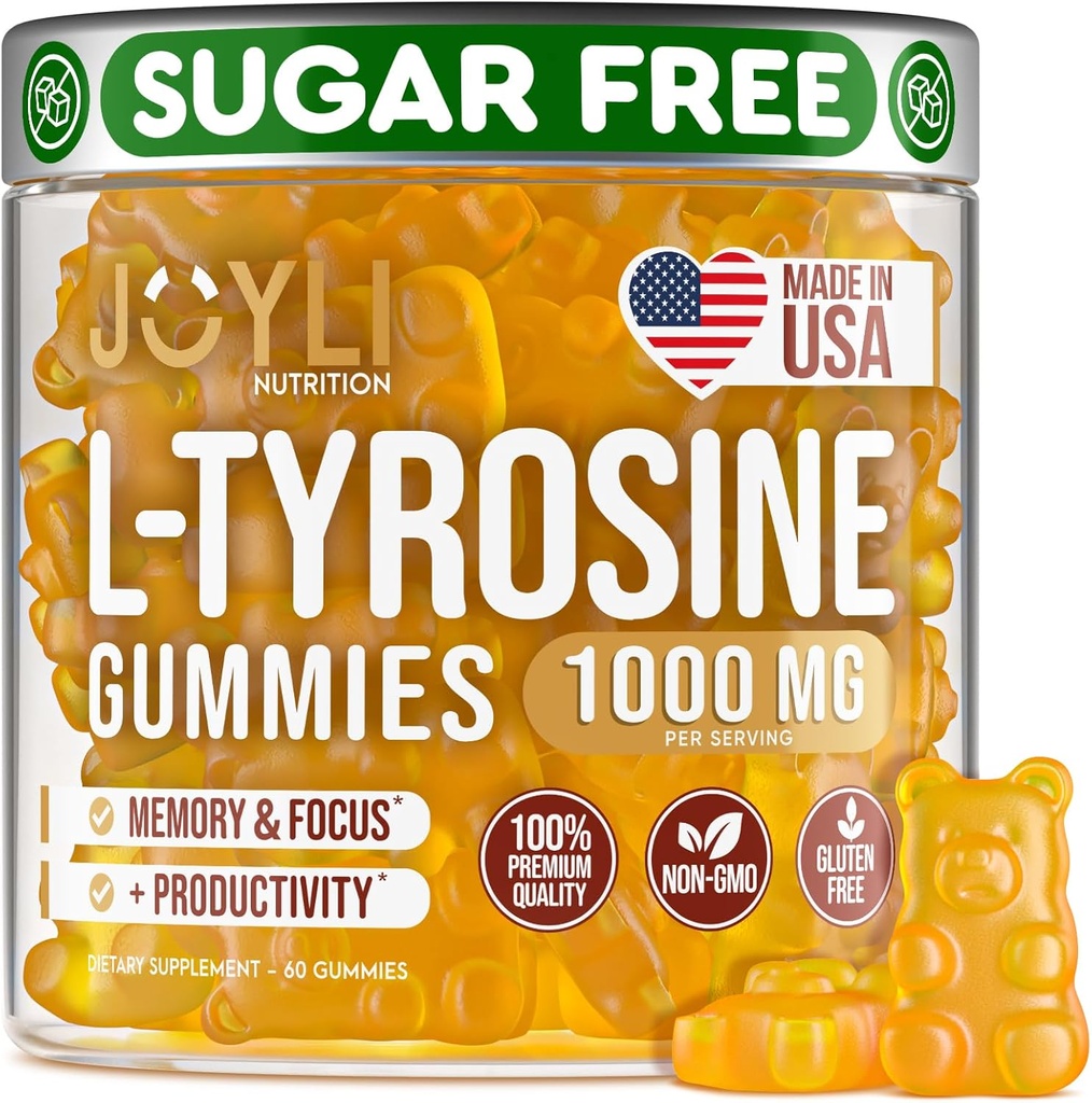Joyli L Tyrosine Gummies 1000MG - Çocuklar ve Yetişkinler için L-Tyrosine Supplement - Calm & Focus Gummies for Brain, Memory, Mood, and Energy - 500 mg L- Tyrosine Toz per Gummy - Vegan, Gluten-Free