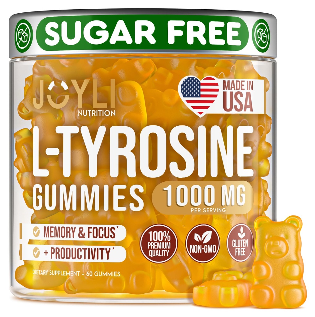 Joyli L Tyrosine Gummies 1000MG - L-Τυροσίνη συμπλήρωμα για τα παιδιά και ενήλικες - Ηρεμία & Εστίαση Gummies για τον εγκέφαλο, τη μνήμη, τη διάθεση, και την ενέργεια - 500mg L-Τυροσίνη σκόνη ανά ούλα - Vegan, χωρίς γλουτένη