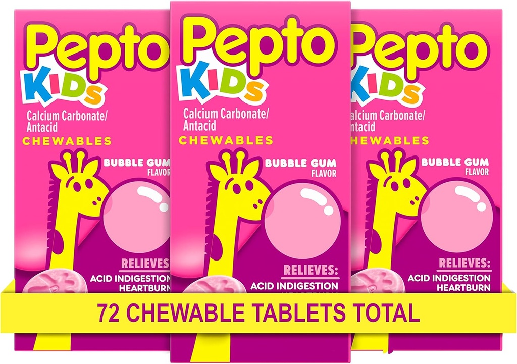 Pepto Kid's Chewable Tablets for Heartburn, Acid Indigestion, Sour Stomach ve Upset Stomach, Bubblegum Flavor, 72 Total (3 Packs of 24)