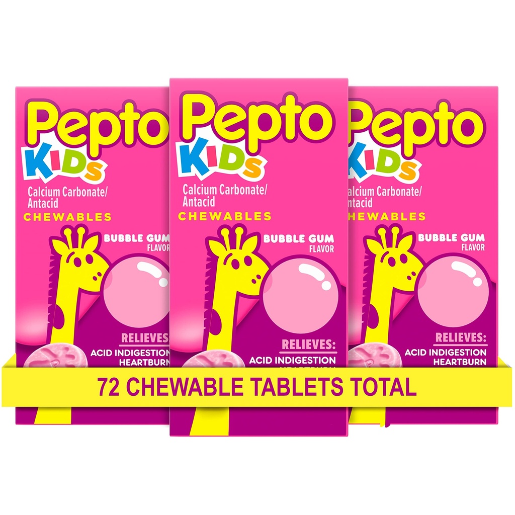 Pepto Kid's Chewable Tablets for Heartburn, Acid Indigestion, Sour Stomach ve Upset Stomach, Bubblegum Flavor, 72 Total (3 Packs of 24)