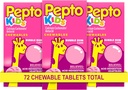 Pepto Kid's Chewable Tablets for Heartburn, Acid Indigestion, Sour Stomach ve Upset Stomach, Bubblegum Flavor, 72 Total (3 Packs of 24)