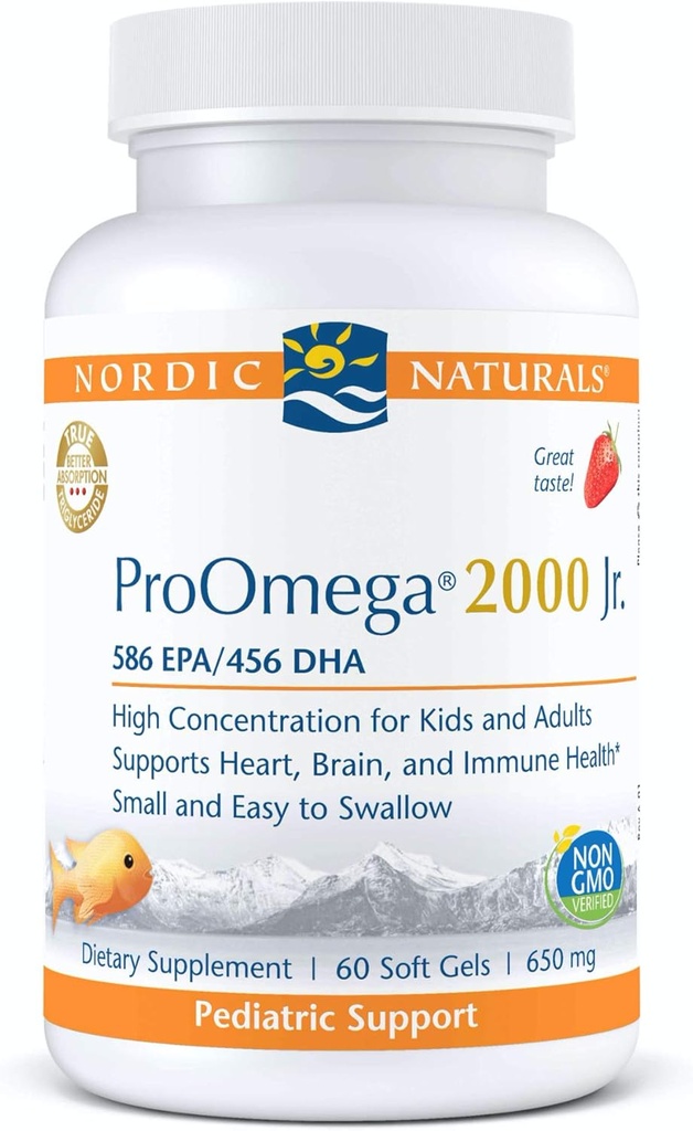 Nordic Naturals ProOmega 2000 Jr., Strawberry Flavor - 60 Soft Gels - 1120 mg Omega-3 - Ultra Potent Fish Oil - EPA & DHA - Beyin, Kalp ve Immune Health - Non-GMO - 30 Hizmet
