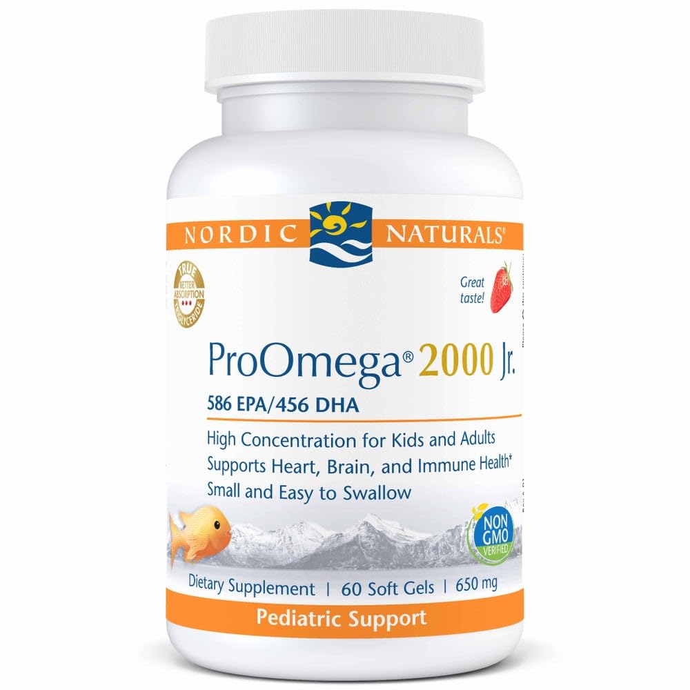 Nordic Naturals ProOmega 2000 Jr., Strawberry Flavor - 60 Soft Gels - 1120 mg Omega-3 - Ultra Potent Fish Oil - EPA & DHA - Beyin, Kalp ve Immune Health - Non-GMO - 30 Hizmet