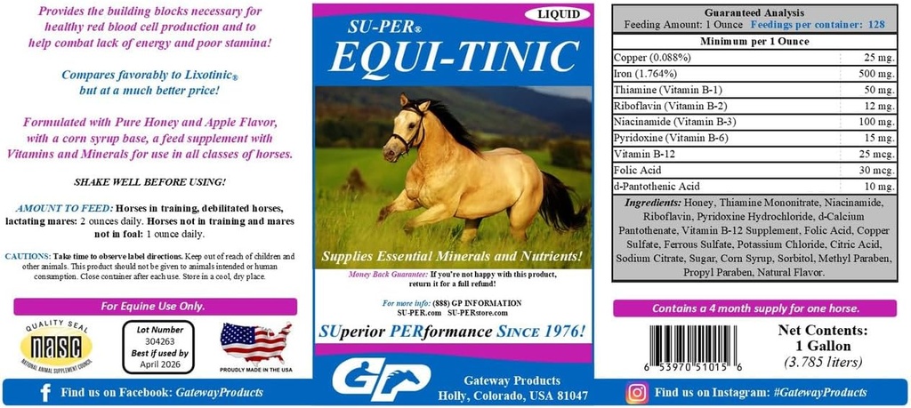 SU-PER Equi-Tinic Horse Minerals Supplement - Temel Mineraller ve Sağlıklı Kan Hücreleri ve Enerji - 1 Gallon