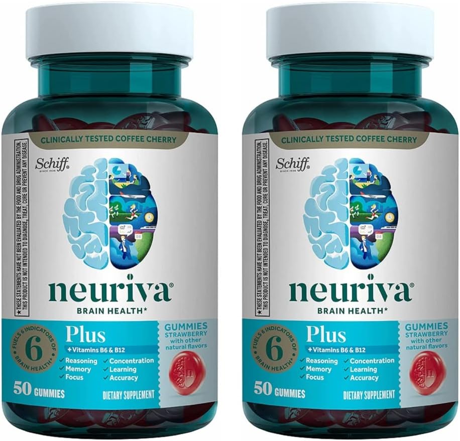 NEURIVA Plus Brain Supplement for Memory, Focus & Concentration + Cognitive Function with Nootropics Phosphatidylserine ve Nörofak, VIT B6 & B12, Strawberry Flavor, 50 Gummies (2 Pack)