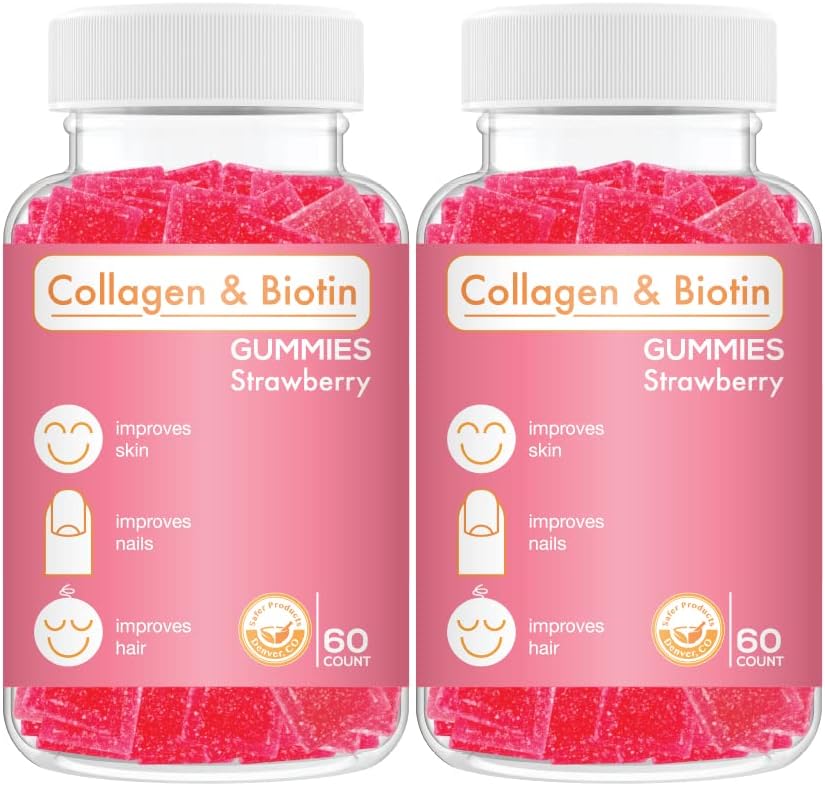 Collagen Biotin Gummies - Saçları Destekler, Skin & Nails Saç Büyüme Anti Aging Care Chewable Gummy Vitamins, Vegan, Non-GMO, Gluten Free, Gelatin Strawberry Flavor 120 Kont, Pink