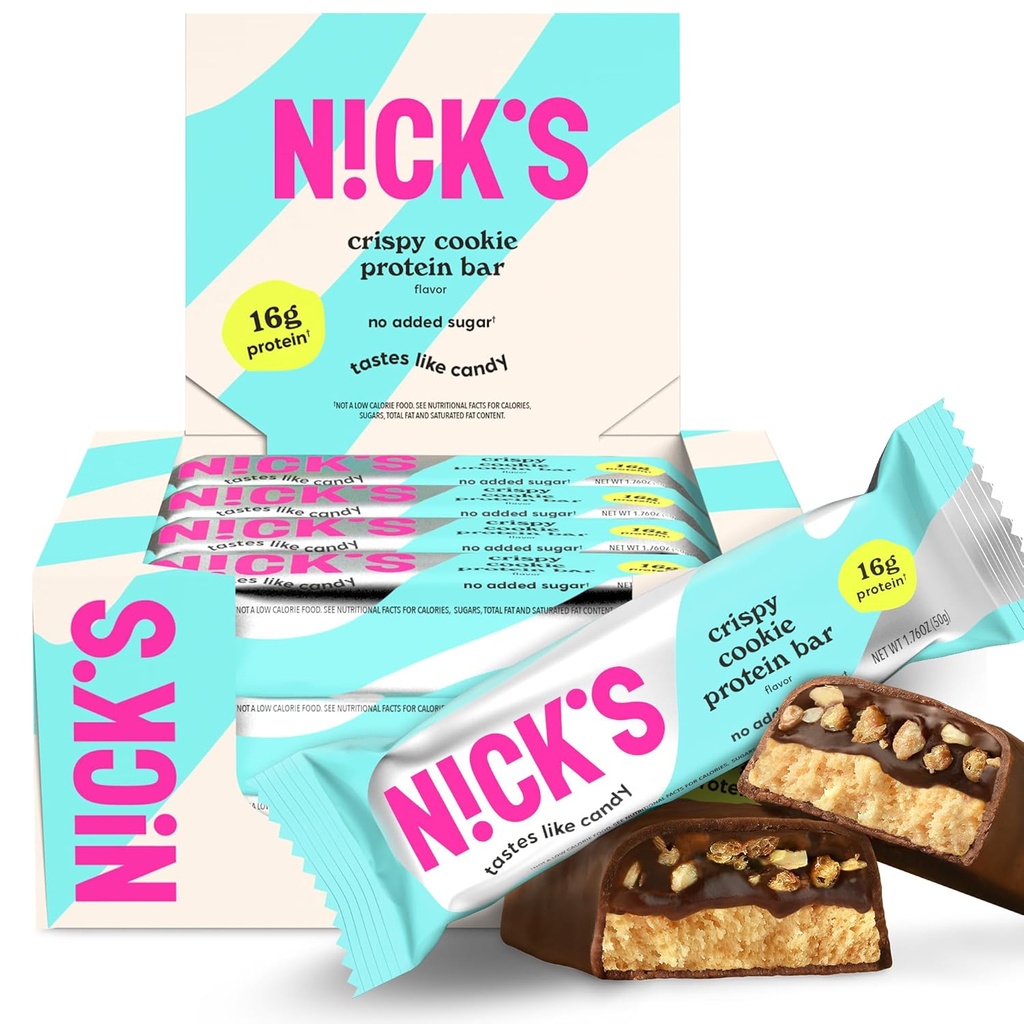 Nick'in protein Bars Crispy Cookie Chocolate, High protein, Low Calories, Low Carb, Keto Friendly Snacks No Ek Olmayan Şeker (Multipack 12 bar x 50g), Crispy Cookie