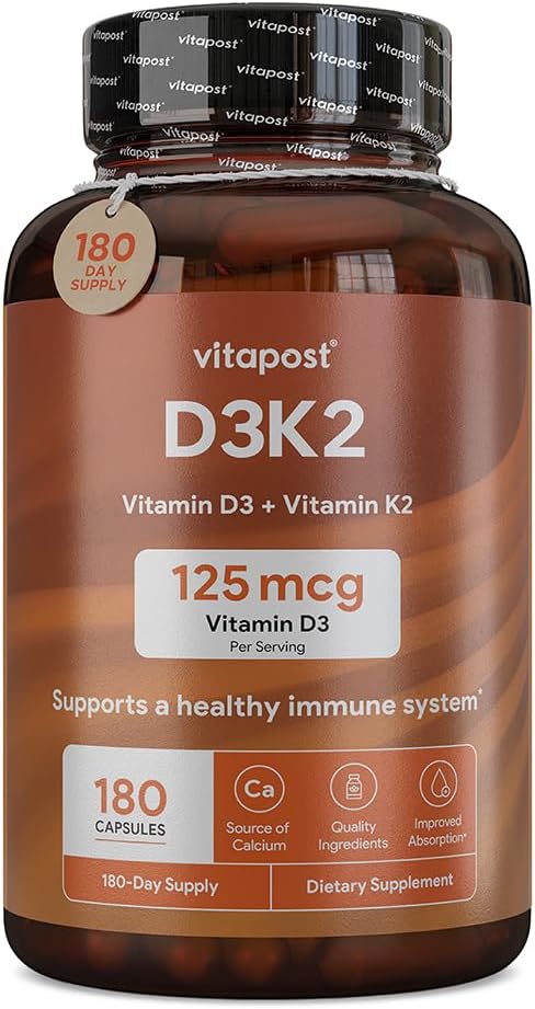 D3K2 | D3 K2 Gıda ve BiyoPerine ile D vitamini Vitaminlerini birleştirir. D3 ve K2 Sağlıklı Kemikler, Kalp ve Kaslar | 180 Capsules