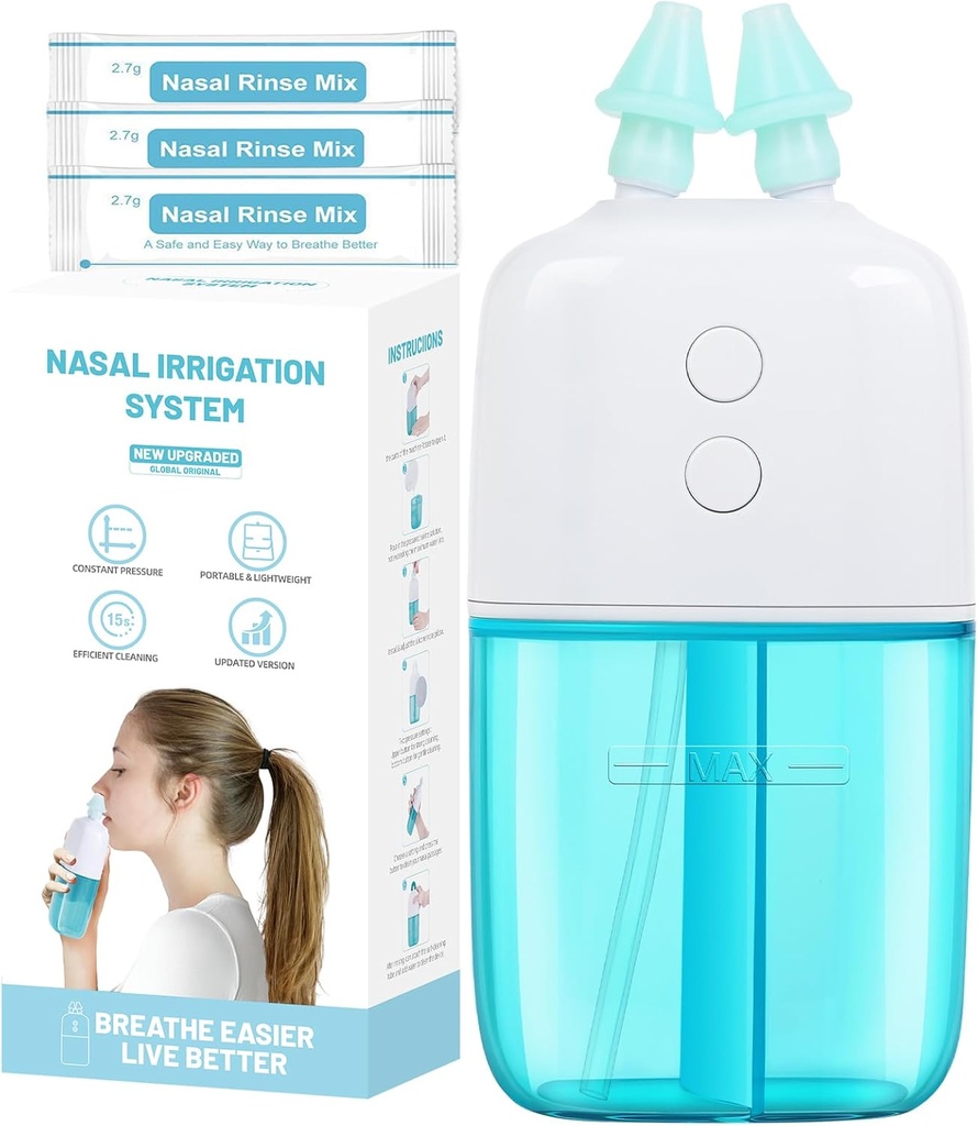 Nasal Irrigation System with 30 Saline Packets – Dual Speed and Auto Waste Collection – Portatif ve Seyahat-Friendly Nasal Irrigator – Sinus Relief Nasal Rinse Machine
