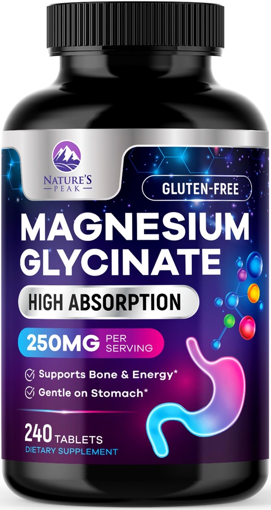 Magnezyum Glycinate Chelated for Max Abors - Supports Bone, Muscle, Nerves & Heart Health, Nature's Sleep and Stress Support, Best Magnezyum Supplement Pills for Whole Body Support - 240 Tabletler