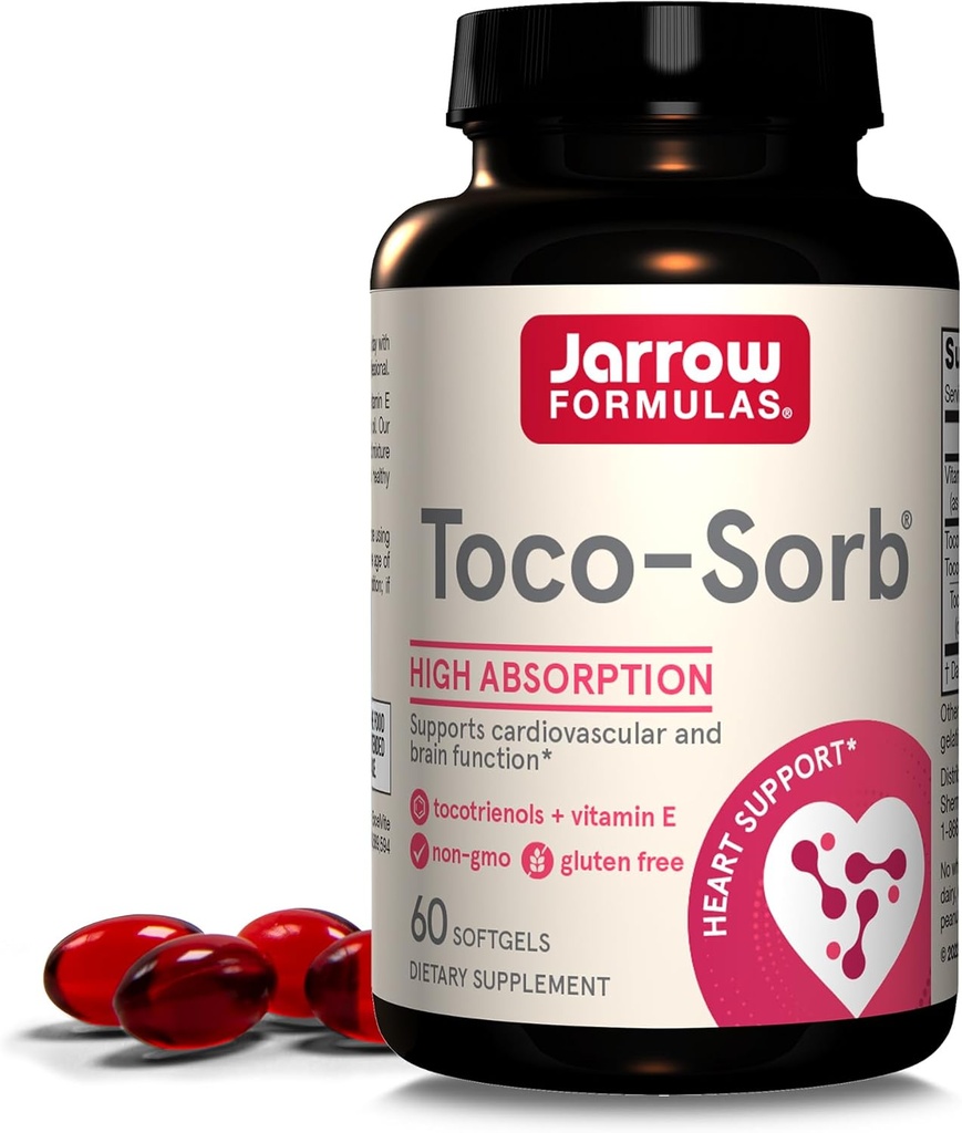 Jarrow Formulas® Toco-Sorb Καρδιαγγειακή Υγεία και λειτουργία του εγκεφάλου Υποστήριξη, Υψηλή Φόρμουλα Απορρόφησης, Tocotrienol-Tocopherol Complex και Βιταμίνη Ε, 60 Softgels, 30 ημέρες προσφοράς