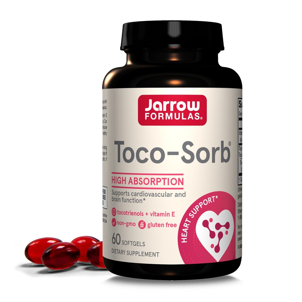 Jarrow Formulas® Toco-Sorb Cardiovascular Sağlık ve Beyin Fonksiyonu Desteği, Yüksek Absorpsiyon Formula, Tocotrienol-Tocopherol Kompleksi ve Vitamin E, 60 Softgels, 30 Day Supply