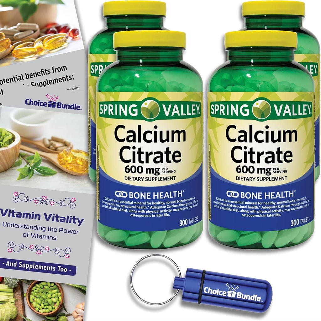 Spring Valley Food Citrate Tabletler Diyeter Supplement 600 mg 300 Ct 4 pk Choice Sche (1200 Total) + Vitamin Rehber & Pill Konteyner (6 Madde)!