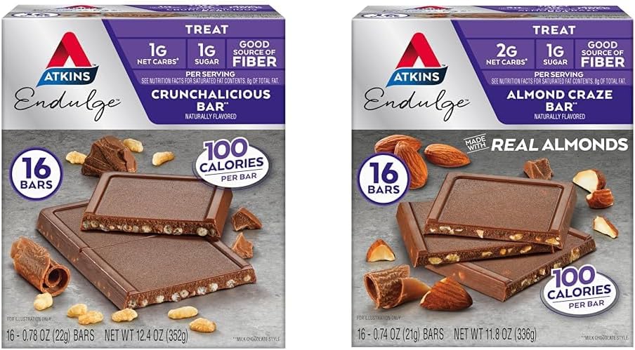 Atkins Endulge Bars, Crunchalicious & Almond Craze Flavors, 1-2g Net Carbs, 1g Sugar, Good Fiber Source, Chem Friendly, 16 Count Count