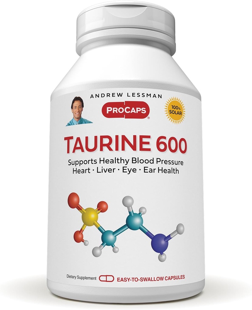 ANDREW LESSMAN Taurine 600-360 Capsules - Sağlıklı Kan basıncı, Kalp, Canlı, Göz ve Kulak Sağlığını Destekler. Pure, High Potency Source of The replica Taurine. Katkı yok