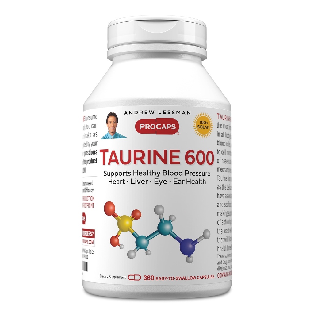 ANDREW LESSMAN Taurine 600-360 Capsules - Sağlıklı Kan basıncı, Kalp, Canlı, Göz ve Kulak Sağlığını Destekler. Pure, High Potency Source of The replica Taurine. Katkı yok