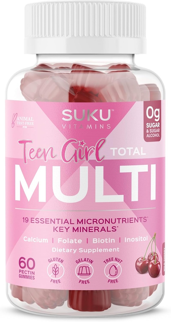 SUKU Teen Girl Multivitamin Gummies – Vitaminler A, B12, C, D3, E, Biotin & çinko – Sugar-Free Vegetarian Supplement for Skin, Energy, Immune & Bone Health – Cherry Flavor – 60 Count