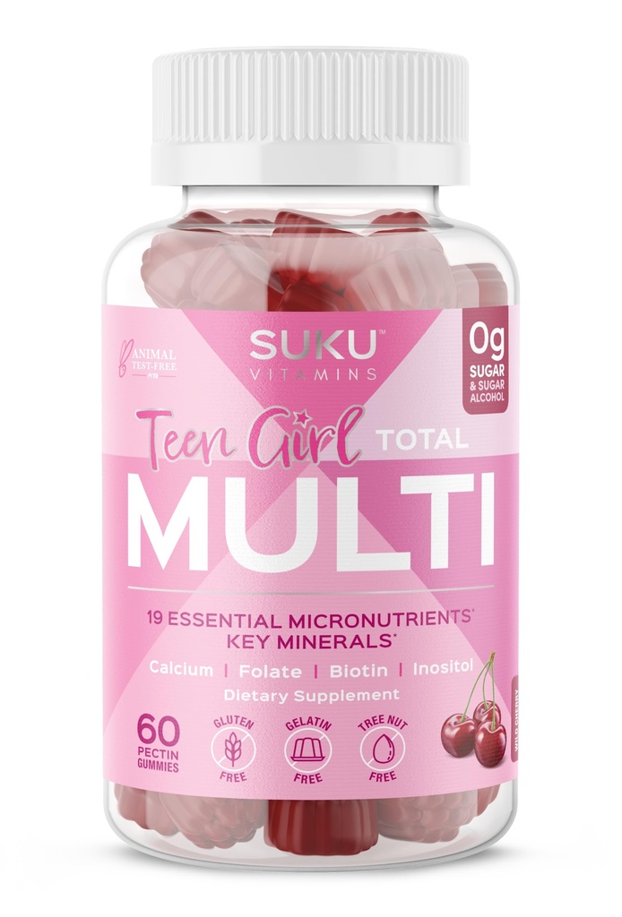 SUKU Teen Girl Multivitamin Gummies – Vitaminler A, B12, C, D3, E, Biotin & çinko – Sugar-Free Vegetarian Supplement for Skin, Energy, Immune & Bone Health – Cherry Flavor – 60 Count