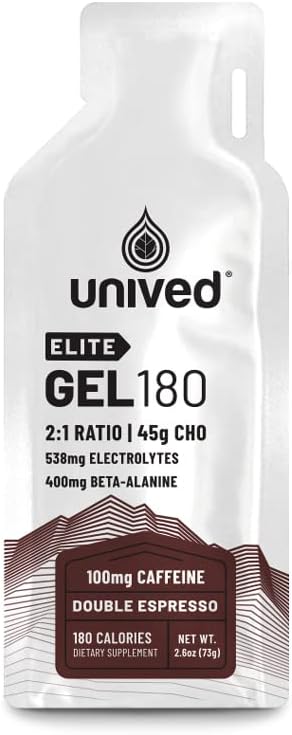 Unived Elite Gel 180-2:1 Ratio Simple & Complex Carbs with Beta Alanine & Essential Electrolytes - για την αντοχή Αθλητές Runners & Cyclists -180kcal - Double Espresso - 100mg καφεΐνη - Συσκευασία των 6