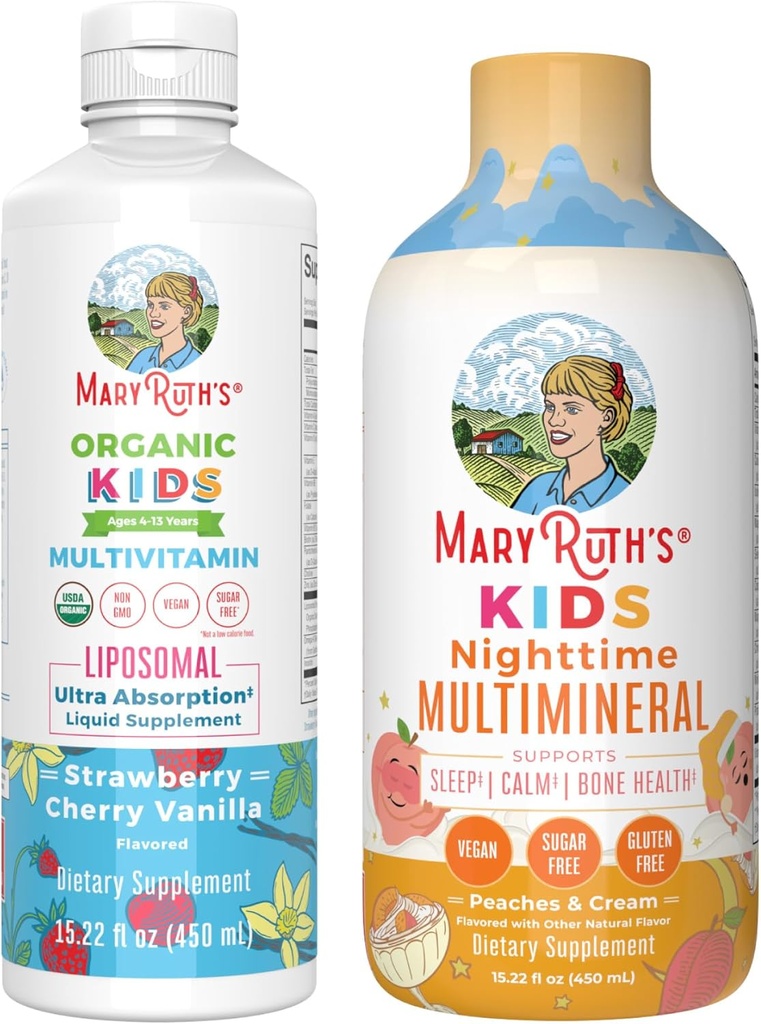MaryRuth's Nighttime Multimineral (Peaches & Cream) ve Multivitamin Liposomal (Strawberry Cherry & Vanilla) Çocuklar için | Clean Label Projesi Doğrulanmış Tedarikçi | Vegan Vitaminleri için