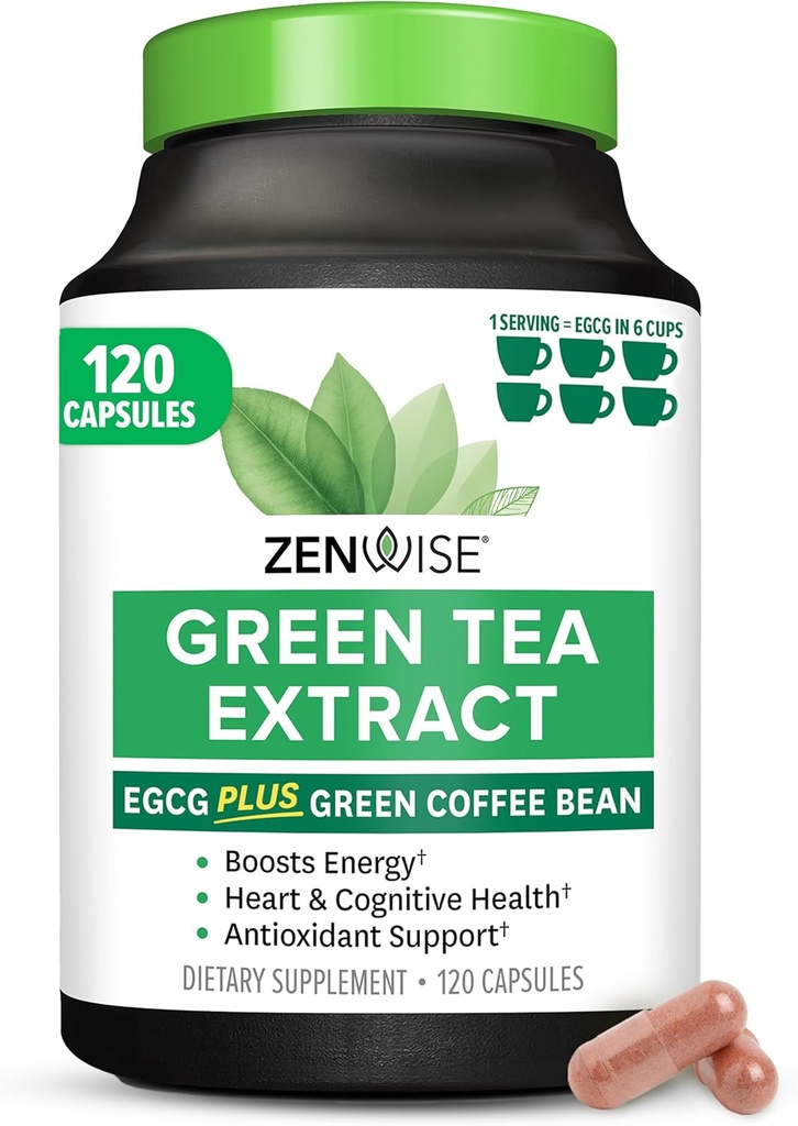 Zenwise Health Green Tea Extract Κάψουλες για άνδρες και γυναίκες - EGCG συμπλήρωμα με Πράσινο Coffee Bean Extract Ενισχύει την ενέργεια & τη μνήμη - Ανοσοποιητική υποστήριξη για το δέρμα, τον εγκέφαλο και την υγεία Hearth - Vegan - 120 Count
