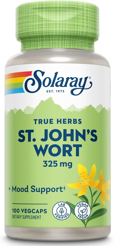 SOLARAY St Johns Wort 325 mg Ολόκληρο Aerial - Συμπλήρωμα στήριξης υγείας και διάθεσης - 60 ημερών εγγύηση επιστροφής χρημάτων - μη GMO, Vegan, Εργαστήριο Επαληθευμένο (100 CT)